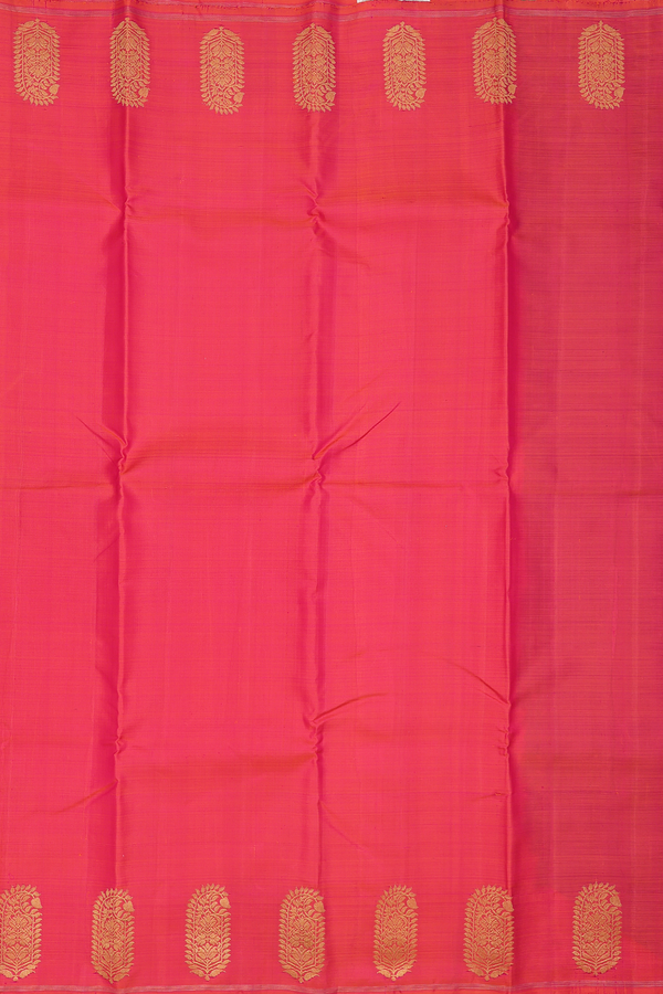 Kanchipuram Silk Saree In Plain Coral Pink With Floral Border