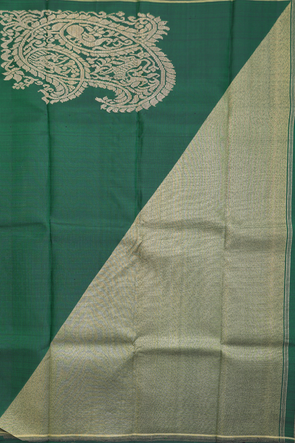 Kanchipuram Silk Saree In Plain Forest Green With Zari Border