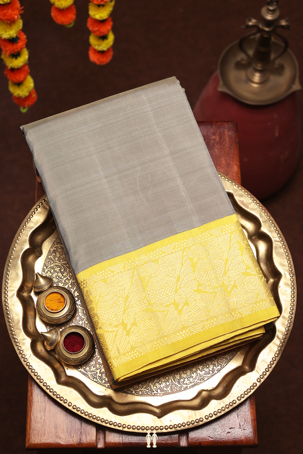 Kanchipuram Silk Saree In Plain Sage Green With Korvai Border