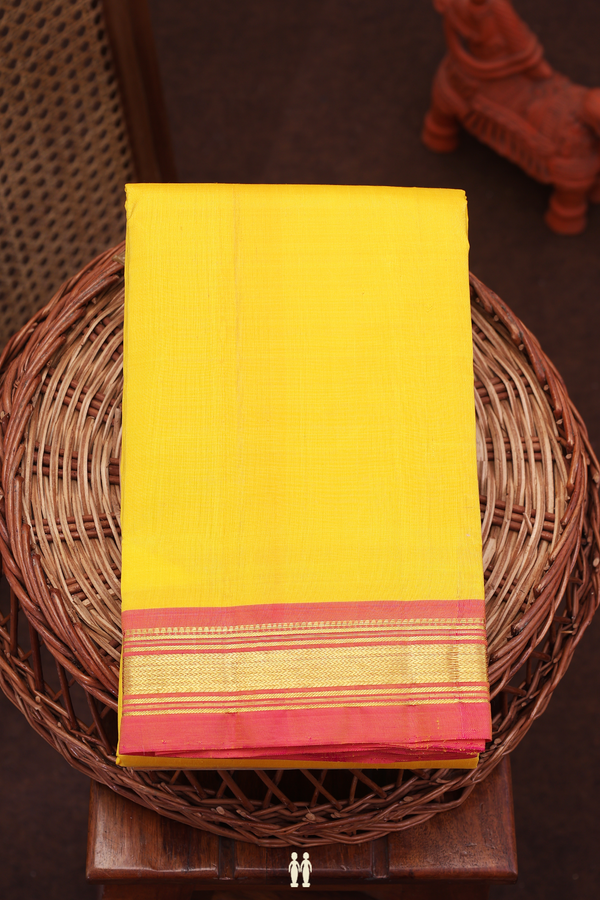 Kanchipuram Silk Saree In Plain Yellow With Contrast Border
