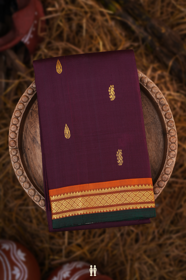 Kanchipuram Silk Saree In Plum Brown With Zari Motifs