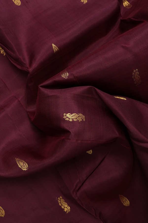 Kanchipuram Silk Saree In Plum Brown With Zari Motifs