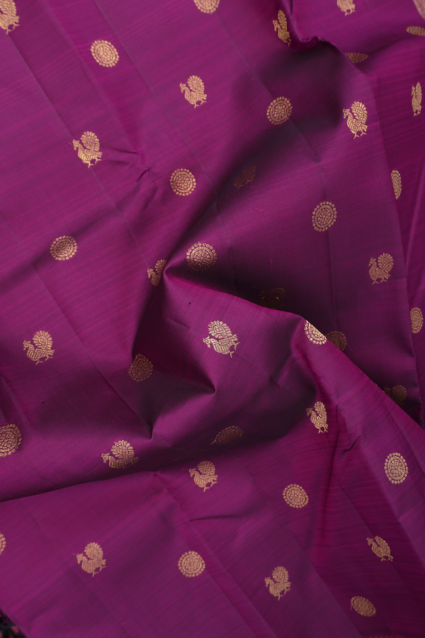 Kanchipuram Silk Saree In Plum Purple With Peacock Buttas
