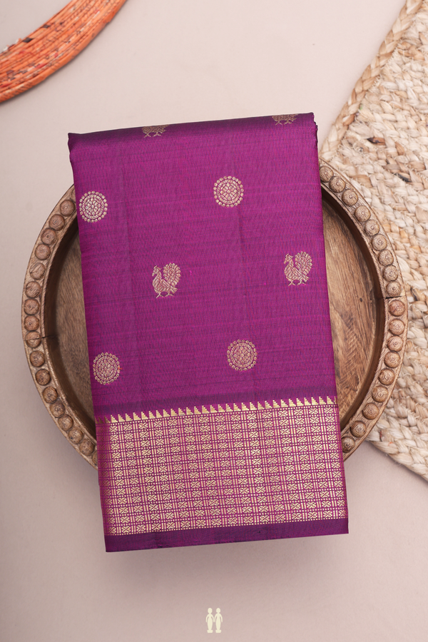 Kanchipuram Silk Saree In Plum Purple With Peacock Buttas