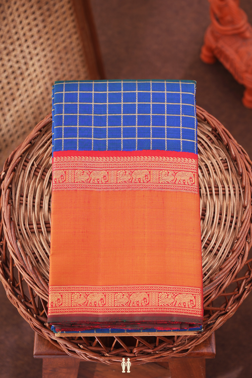 Kanchipuram Silk Saree In Prussian Blue With Checks Design