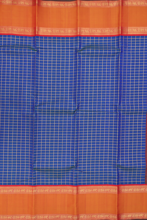 Kanchipuram Silk Saree In Prussian Blue With Checks Design