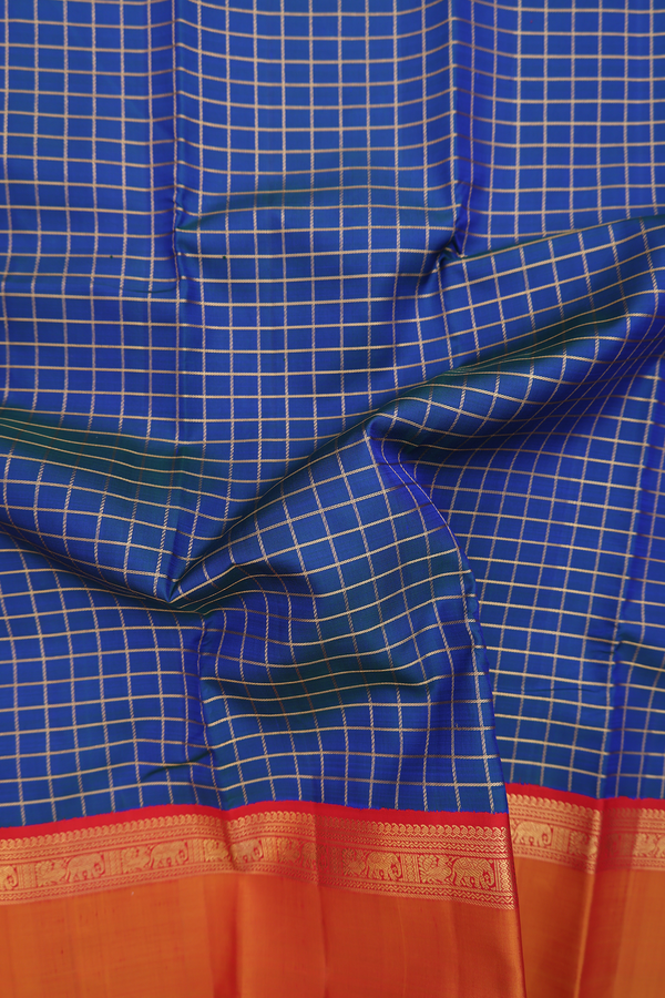 Kanchipuram Silk Saree In Prussian Blue With Checks Design