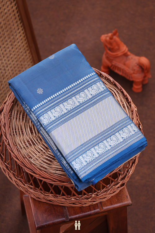 Kanchipuram Silk Saree In Prussian Blue With Floral Buttas