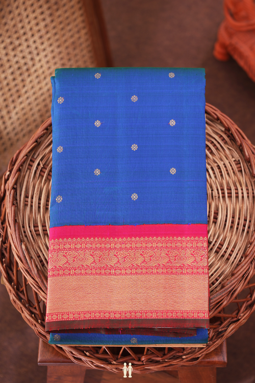 Kanchipuram Silk Saree In Prussian Blue With Floral Buttas
