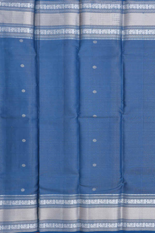 Kanchipuram Silk Saree In Prussian Blue With Floral Buttas