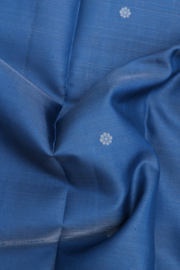Kanchipuram Silk Saree In Prussian Blue With Floral Buttas