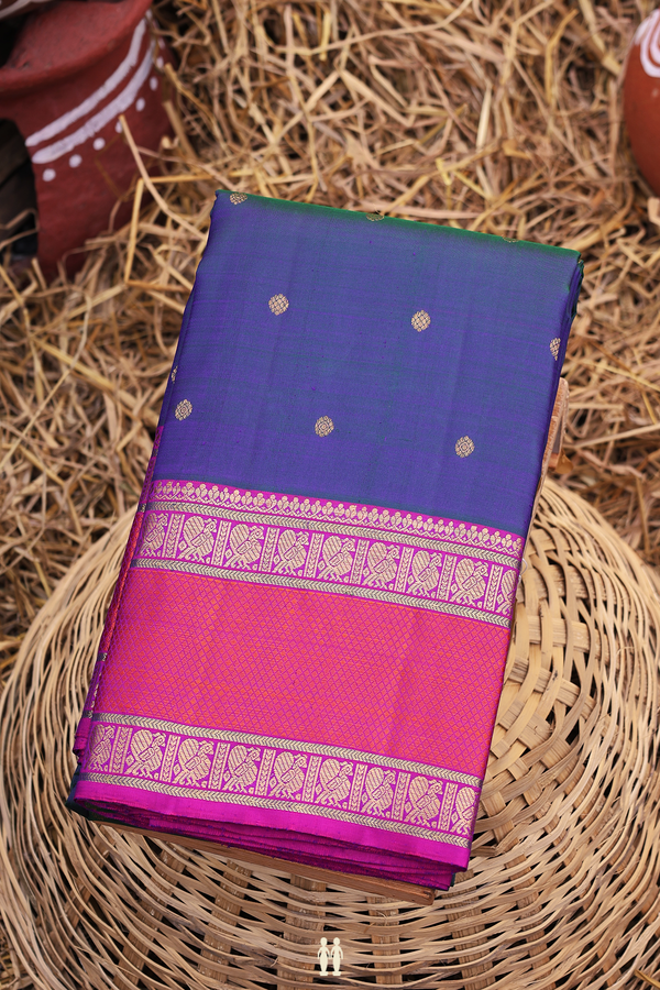 Kanchipuram Silk Saree In Prussian Blue With Floral Buttis