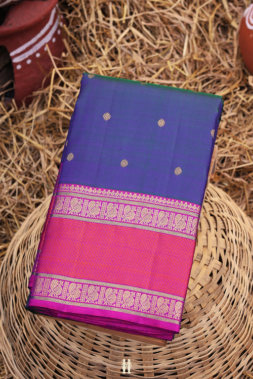 Kanchipuram Silk Saree In Prussian Blue With Floral Buttis