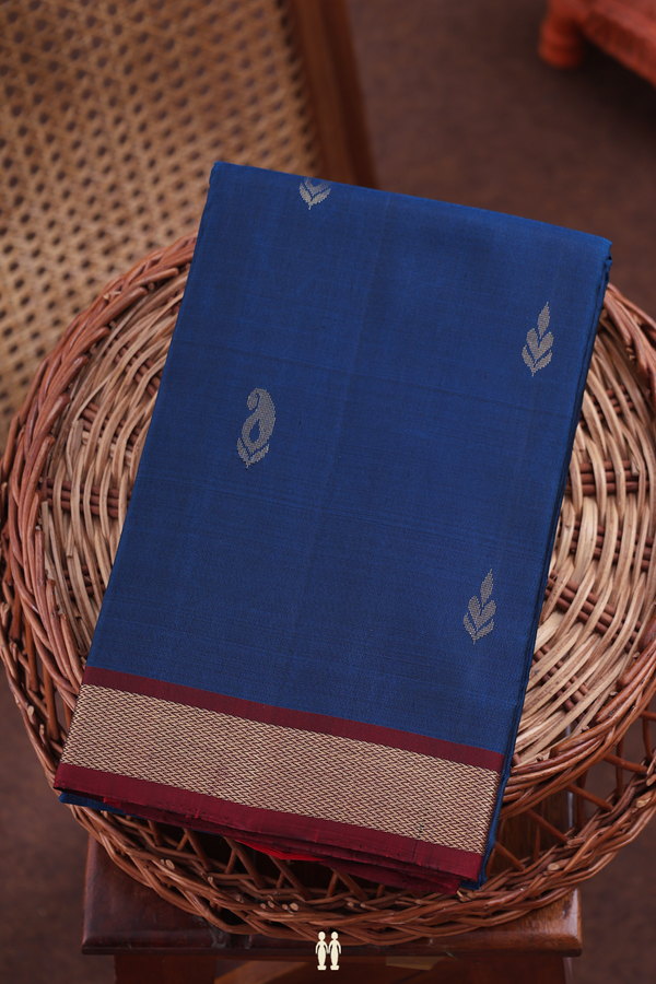 Kanchipuram Silk Saree In Prussian Blue With Paisley Buttas