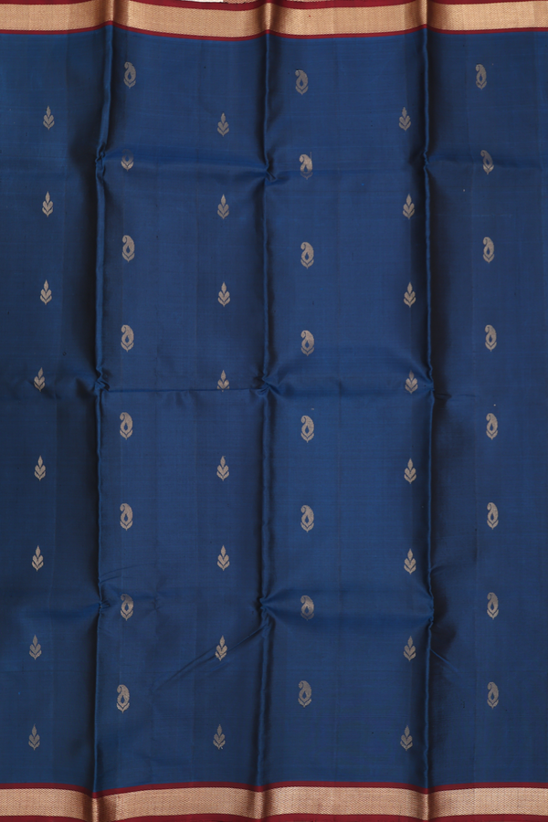Kanchipuram Silk Saree In Prussian Blue With Paisley Buttas