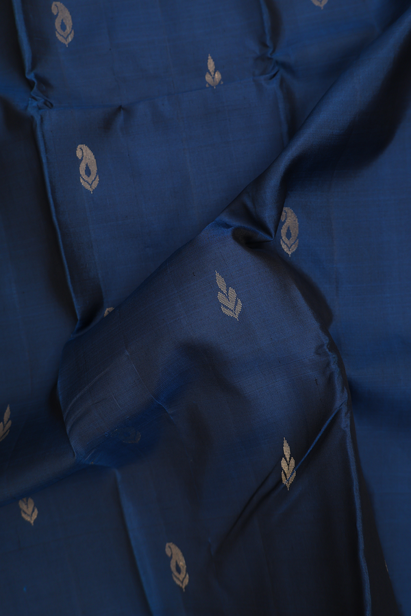 Kanchipuram Silk Saree In Prussian Blue With Paisley Buttas