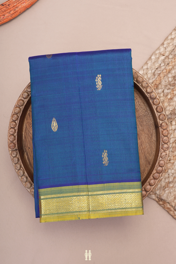 Kanchipuram Silk Saree In Prussian Blue With Paisley Buttis