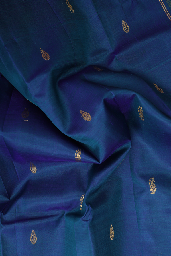 Kanchipuram Silk Saree In Prussian Blue With Paisley Buttis