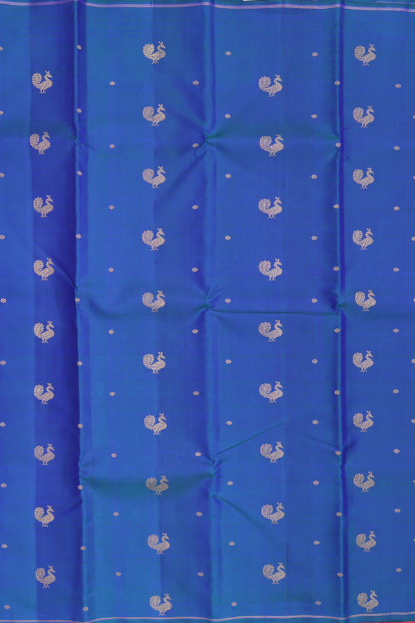 Kanchipuram Silk Saree In Prussian Blue With Peacock Buttas