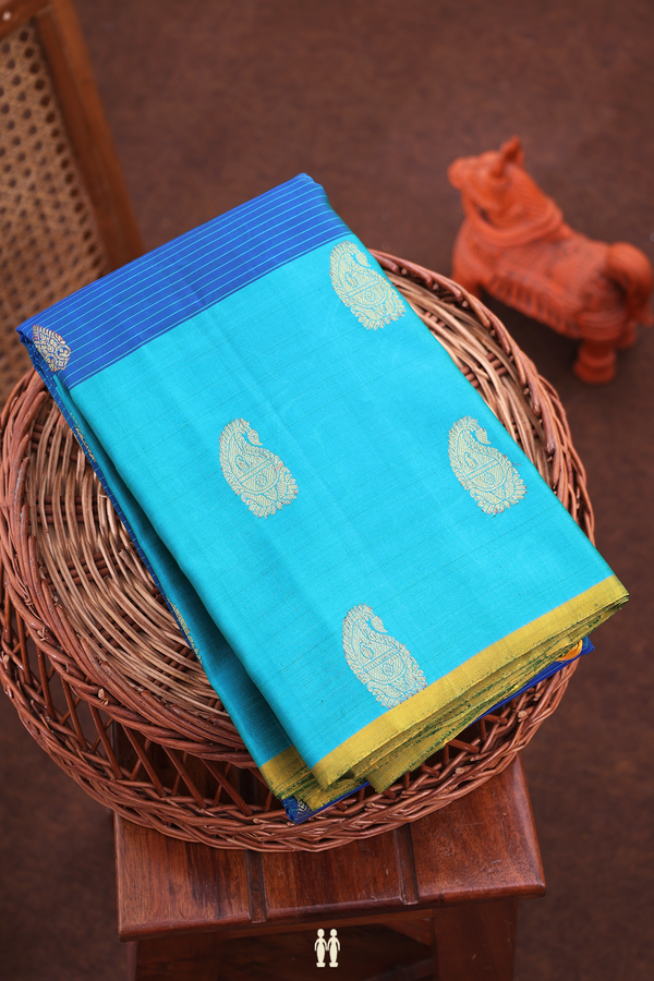 Kanchipuram Silk Saree In Prussian Blue With Stripes Design