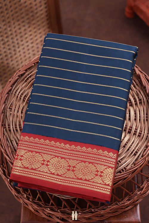 Kanchipuram Silk Saree In Prussian Blue With Stripes Design