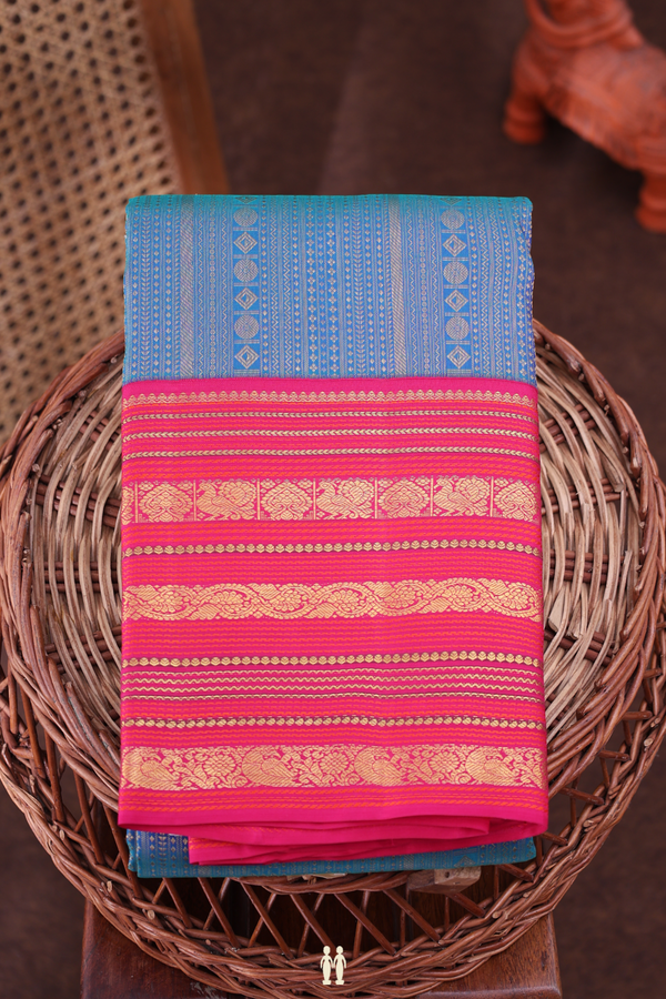 Kanchipuram Silk Saree In Prussian Blue With Stripes Design