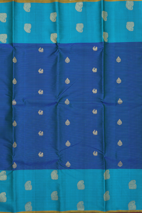 Kanchipuram Silk Saree In Prussian Blue With Stripes Design