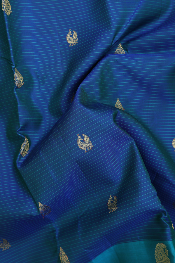 Kanchipuram Silk Saree In Prussian Blue With Stripes Design