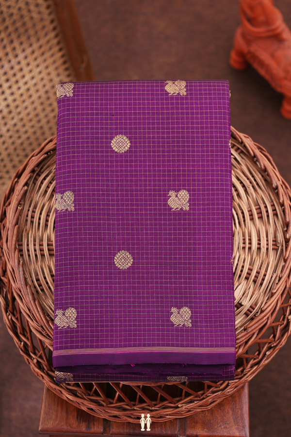 Kanchipuram Silk Saree In Purple Along Checks With Buttas