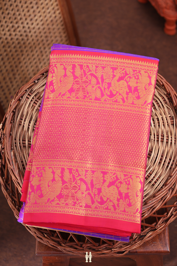 Kanchipuram Silk Saree In Purple Along Checks With Buttas