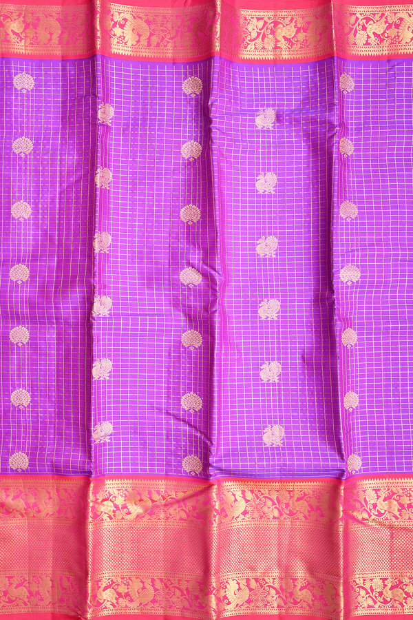 Kanchipuram Silk Saree In Purple Along Checks With Buttas