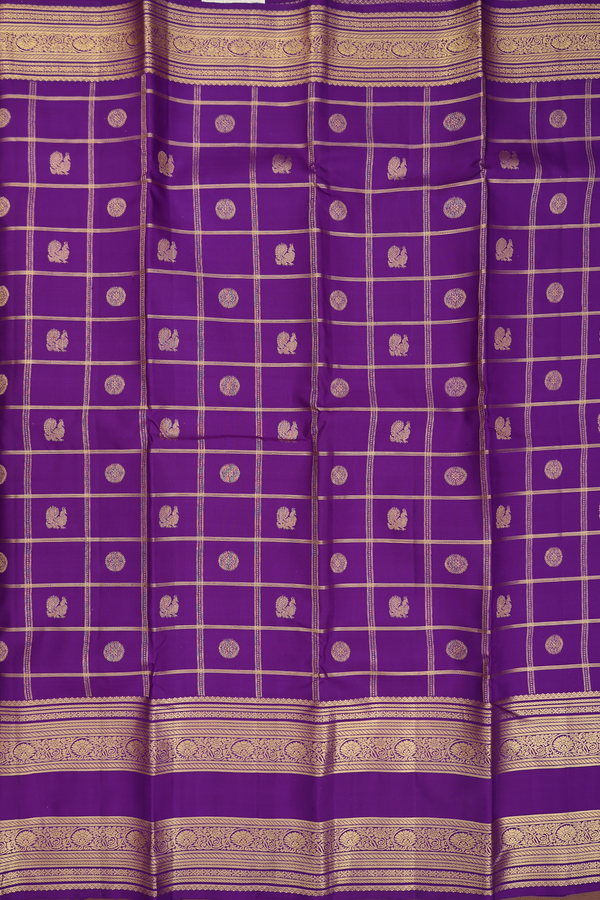 Kanchipuram Silk Saree In Purple Along Checks With Buttas