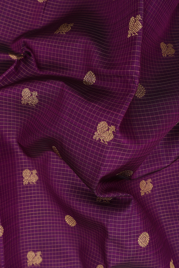 Kanchipuram Silk Saree In Purple Along Checks With Buttas