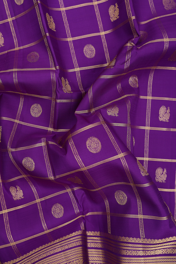 Kanchipuram Silk Saree In Purple Along Checks With Buttas