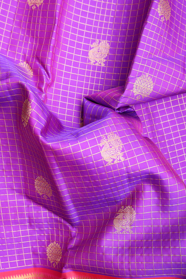 Kanchipuram Silk Saree In Purple Along Checks With Buttas