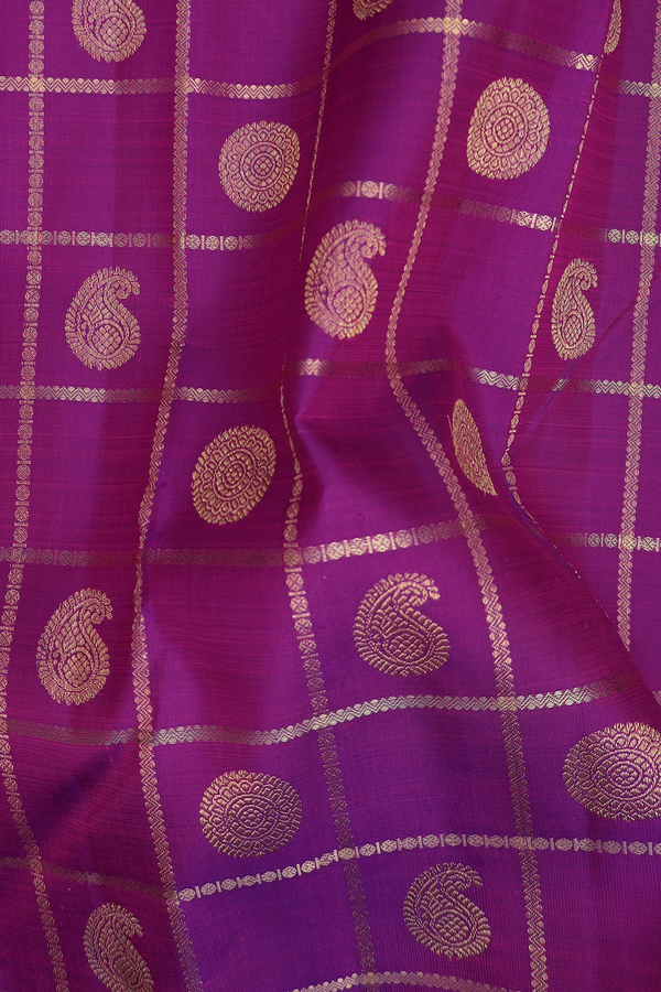 Kanchipuram Silk Saree In Purple Along Checks With Buttas
