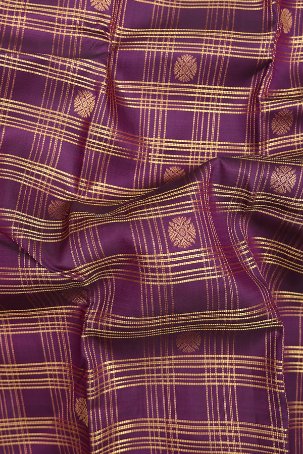 Kanchipuram Silk Saree In Purple Along Checks With Buttas