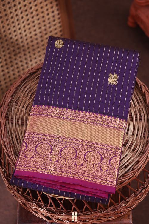 Kanchipuram Silk Saree In Purple Along Stripes With Buttas