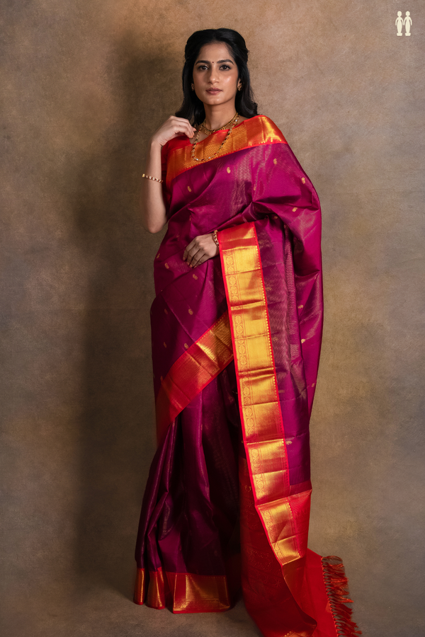 Kanchipuram Silk Saree In Purple Along Stripes With Buttas