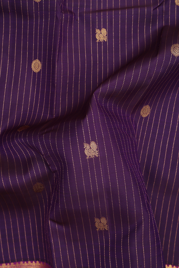 Kanchipuram Silk Saree In Purple Along Stripes With Buttas