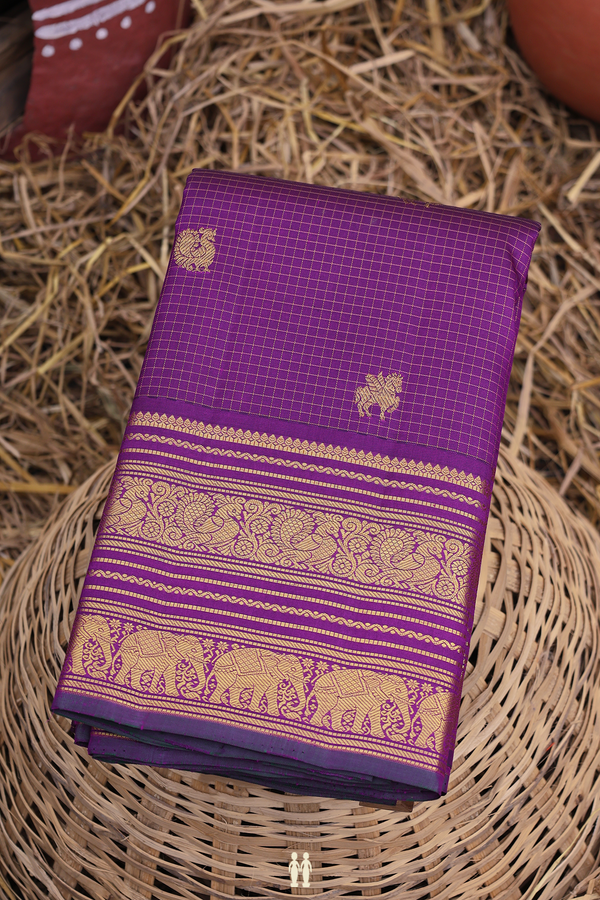 Kanchipuram Silk Saree In Purple With Checks Design