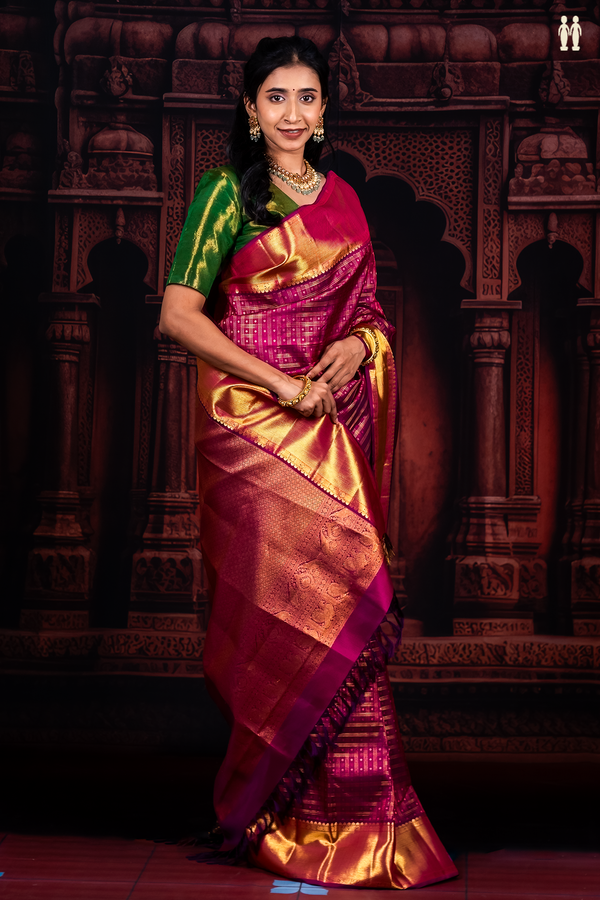 Kanchipuram Silk Saree In Purple With Checks Design