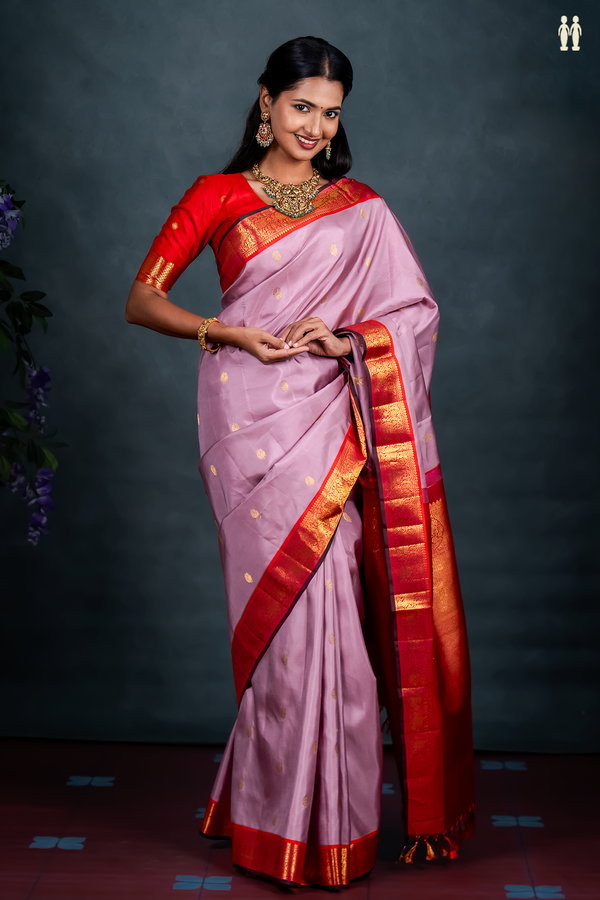 Kanchipuram Silk Saree In Purple With Peacock Buttas