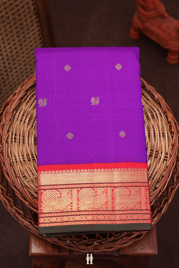 Kanchipuram Silk Saree In Purple With Peacock Buttas
