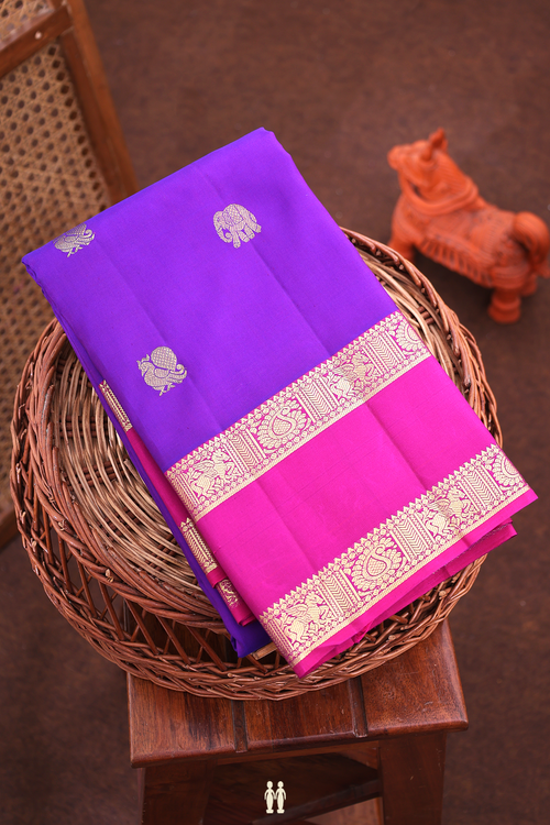Kanchipuram Silk Saree In Purple With Peacock Elephant Buttas