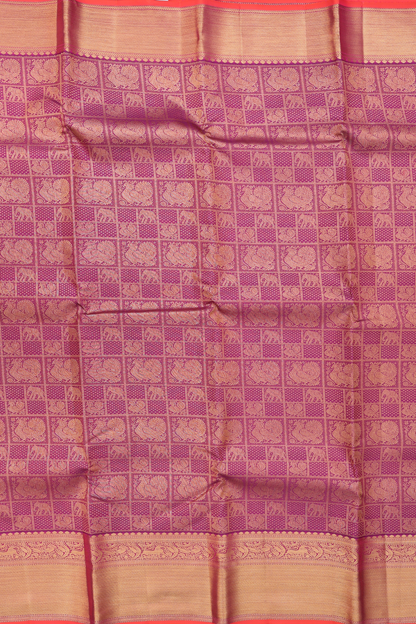 Kanchipuram Silk Saree In Purple With Peacock Elephant Design