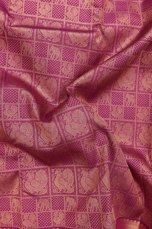 Kanchipuram Silk Saree In Purple With Peacock Elephant Design
