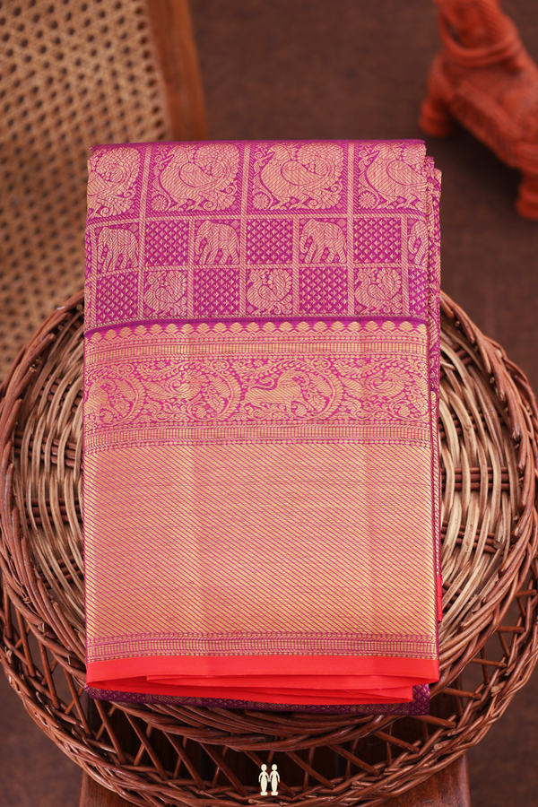 Kanchipuram Silk Saree In Purple With Peacock Elephant Design