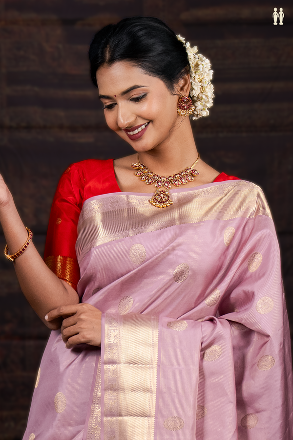 Kanchipuram Silk Saree In Purple With Stripes Along Buttas