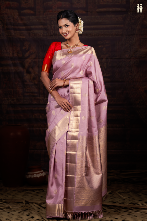 Kanchipuram Silk Saree In Purple With Stripes Along Buttas